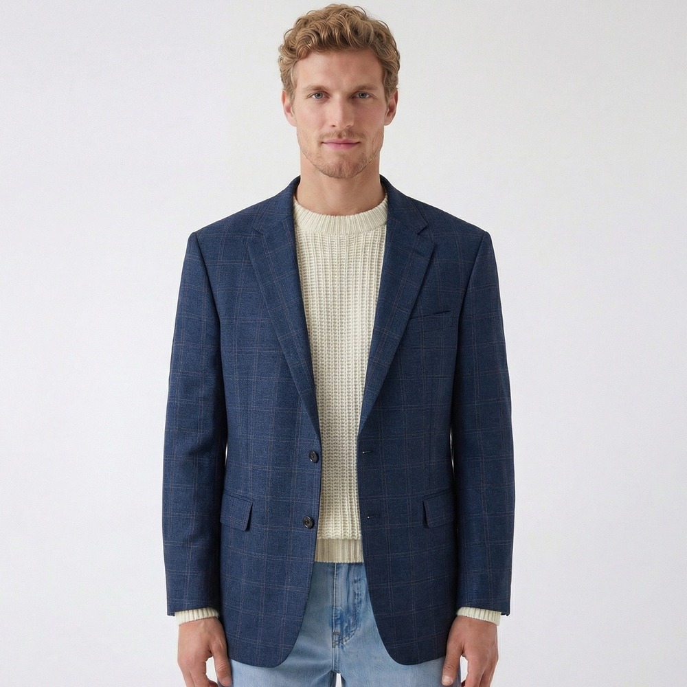S. Cohen Windowpane Plaid Blazer Mens 42L Blue Wool Cashmere Sport Coat Luxury
